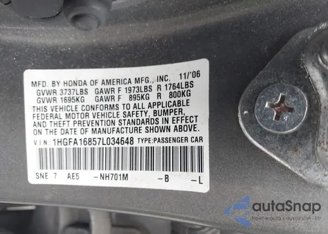 2007 Honda Civic Ex from USA, damaged, VIN 1HGFA16857L034648